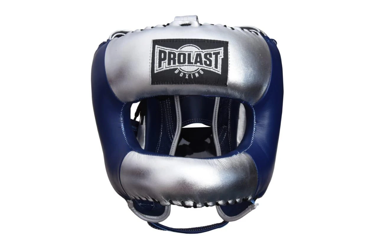 PROLAST Face Saver Leather Boxing Headgear With Nylon Face Bar - Blue/ Silver Color 3 PROLAST Face Saver Leather Boxing Headgear With Nylon Face Bar - Blue/ Silver Color