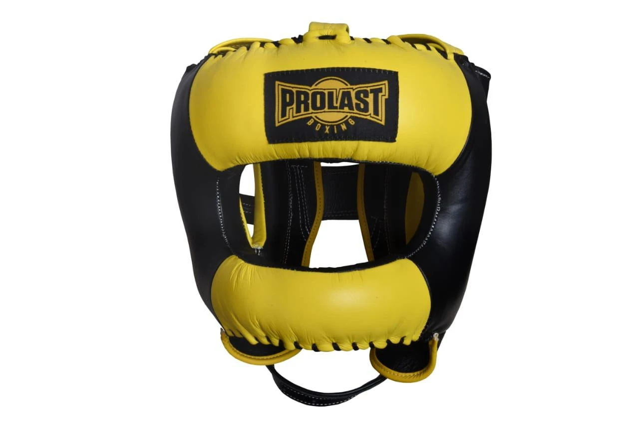 PROLAST Face Saver Leather Boxing Headgear With Nylon Face Bar - Yellow/ Black Color 3 PROLAST Face Saver Leather Boxing Headgear With Nylon Face Bar - Yellow/ Black Color